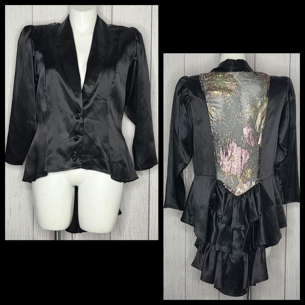Vintage 80s D.R. II 20½ Metallic Tuxedo Jacket Satin Bustle Tailcoat Black